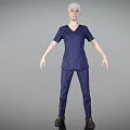 Woman in Dark Blue V Neck Scrub Uniform with Short Sleeves and Long Pants Standing