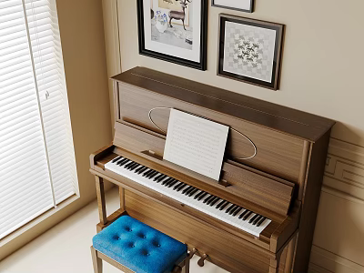 Wooden Piano With Sheet Music Blue Stool And Wall Paintings In Room Setting 3d model