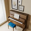 Wooden Piano With Sheet Music Blue Stool And Wall Paintings In Room Setting