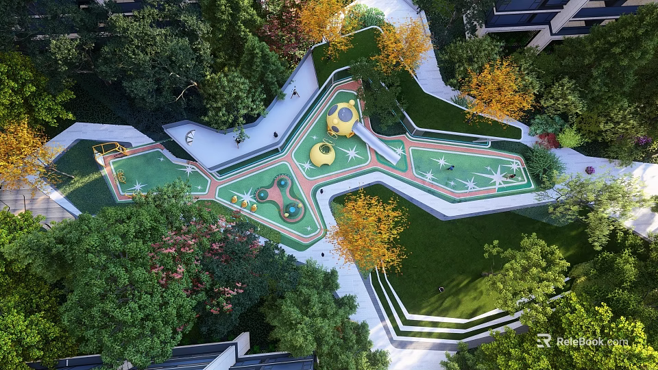 Aerial View of Children's Playground With Green Turf Yellow Structures and Curved Paths 3d model 