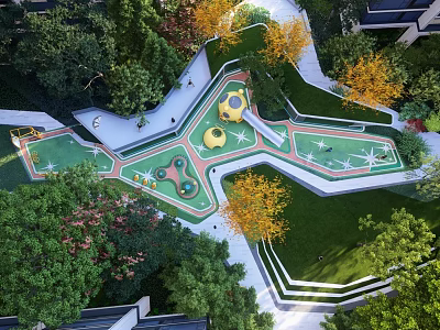 Aerial View of Children's Playground With Green Turf Yellow Structures and Curved Paths 3d model