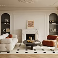 Elegant Living Room With White Sofa Orange Armchair Fireplace Checkered Floor And Shelves