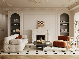 French Living Room Home Living Room Multi-person Sofa Leisure Chair Coffee Table Combination Trolley Side Table Fireplace Plaster Line 3d model