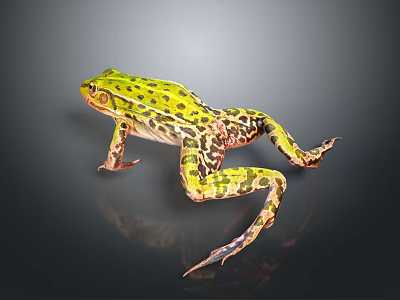 Vibrant Green Spotted Frog Standing On Dark Background With Reflection 3d model