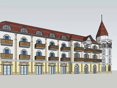 Elegant European Commercial Complex with Red Roof White Walls Balconies Yellow Base and Spire Tower 3d model