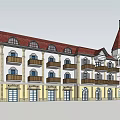 Elegant European Commercial Complex with Red Roof White Walls Balconies Yellow Base and Spire Tower