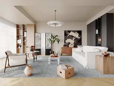 Modern Living Room Interior With White Sofa Wooden Bookshelves Area Rug Pendant Light And Decorative Painting 3d model