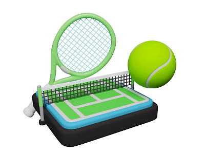 Portable Tennis Sports Equipment Featuring Green Racket Ball And Mini Court Setup 3d model