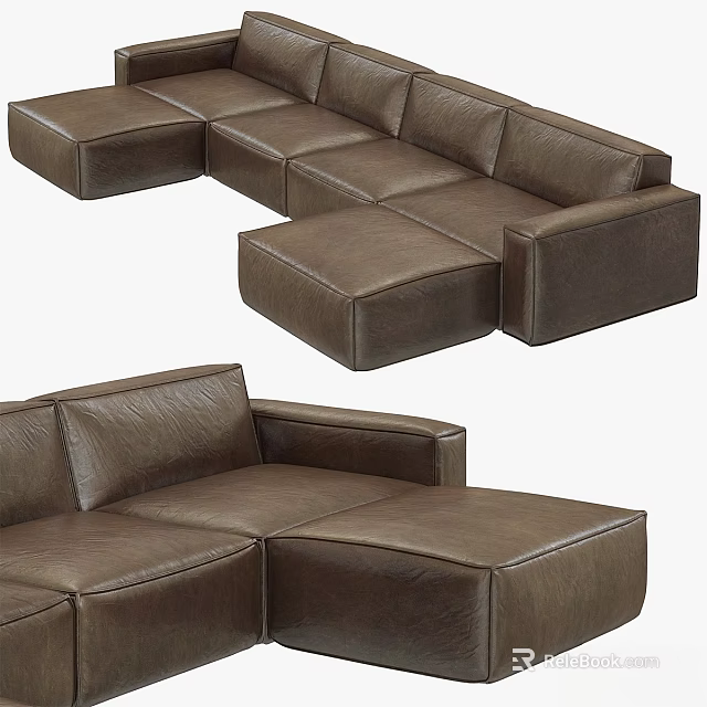Modern Brown Leather Two Seater Sofa With Armrests And Ottoman 3d model