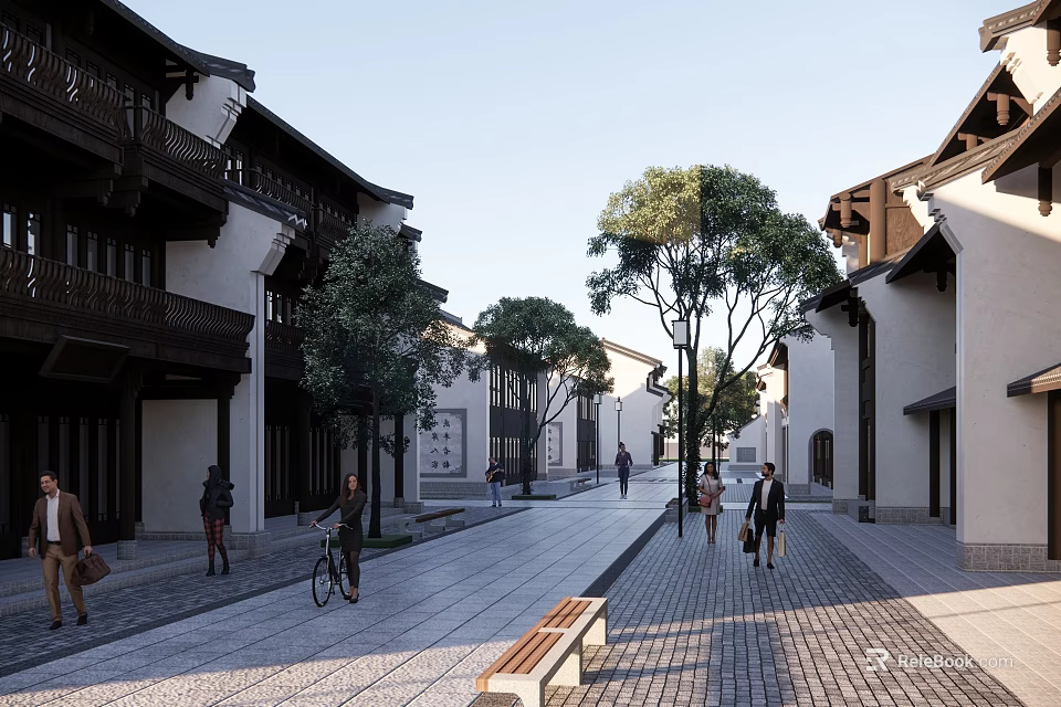 Charming Commercial Street With Traditional Chinese Architecture Pedestrians Trees And Benches For Leisure Walks 3d model 