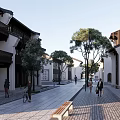 Charming Commercial Street With Traditional Chinese Architecture Pedestrians Trees And Benches For Leisure Walks