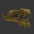 Detailed Roaring Bronze Tiger Sculpture with Striding Pose Textured Surface and Rock Base