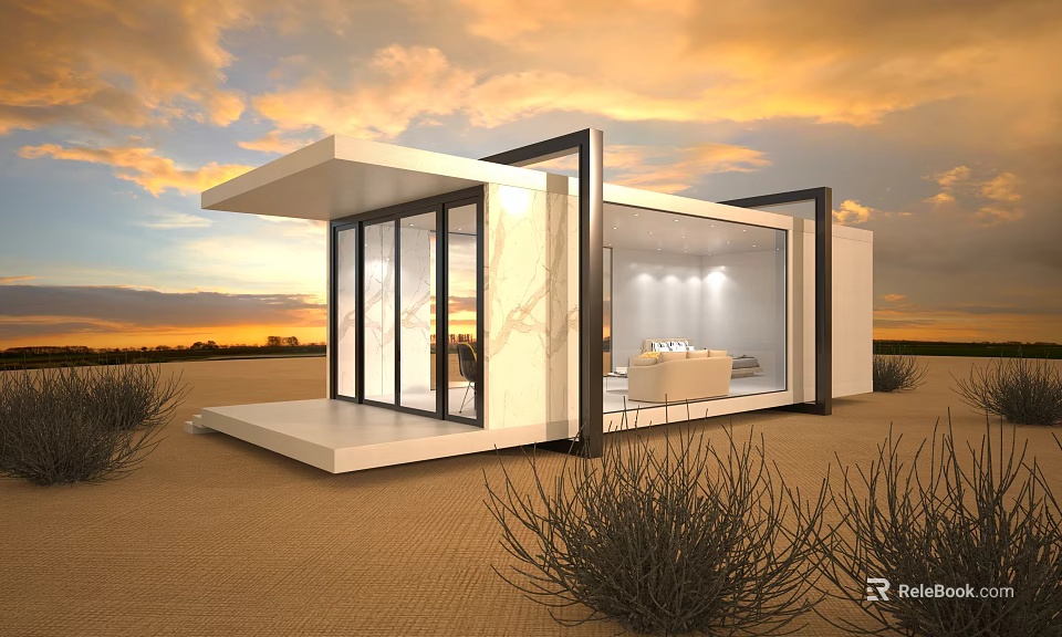 Modern Guesthouse Building Featuring Large Glass Windows White Exterior Outdoor Terrace And Sunset Sky 3d model 