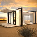 Modern Guesthouse Building Featuring Large Glass Windows White Exterior Outdoor Terrace And Sunset Sky