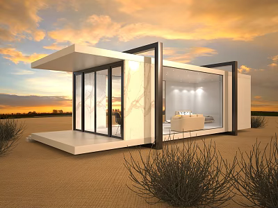 Modern Guesthouse Building Featuring Large Glass Windows White Exterior Outdoor Terrace And Sunset Sky 3d model