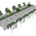 Elegant Dining Table Set With Long White Tablecloth Green Velvet Chairs And Flower Arrangements