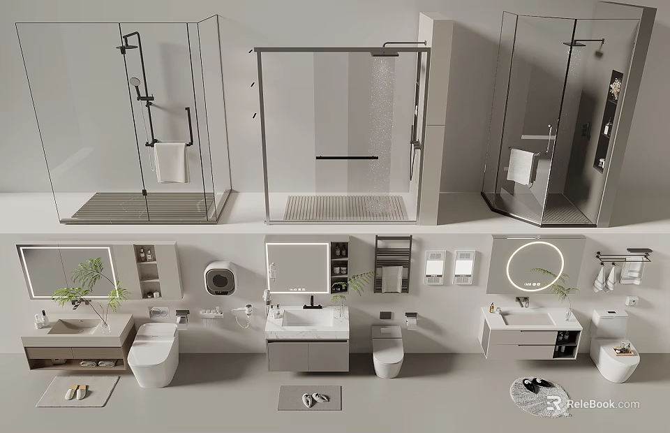 Sleek Modern Bathroom Combination With Shower Vanity Toilet Mirrors And Cabinets 3d model 