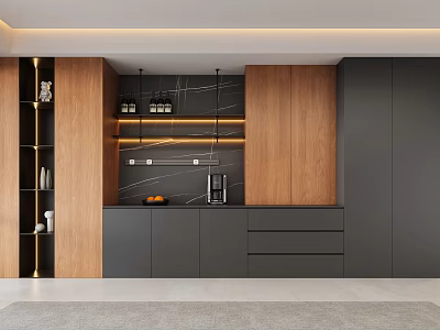 Modern Minimalist Sideboard With Dark Gray Cabinets Wooden Panels And Hanging Lights 3d model