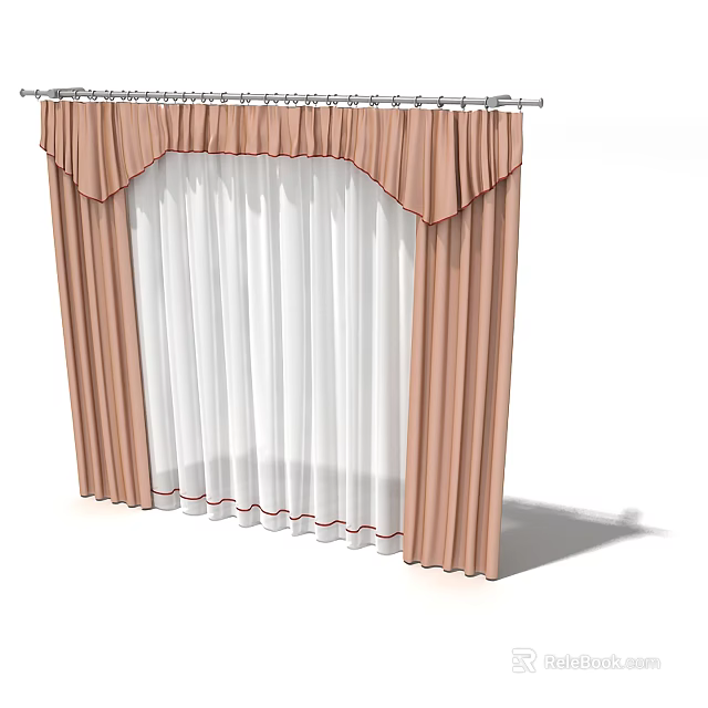 Brown Curtains With Red Trim And White Sheer Layers For Window Decoration 3d model 