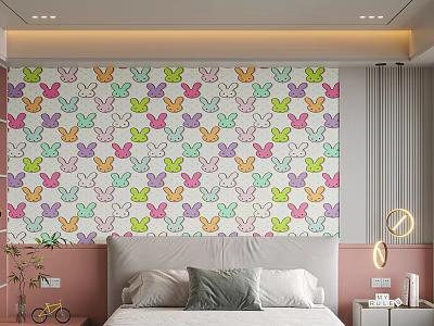 Colorful Bunny Pattern Bed Accent Wall In Bedroom 3d model