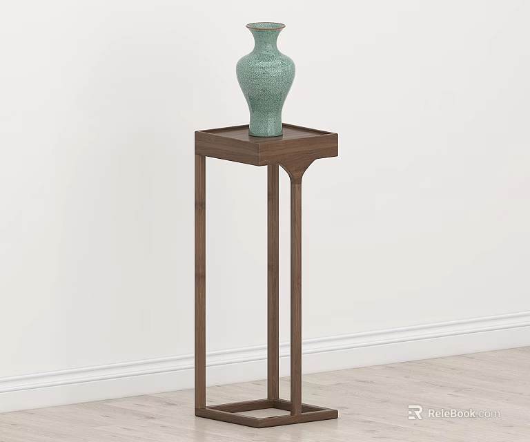 Traditional Wooden Curio Shelf Displaying Celadon Vase On White Wall And Wooden Floor 3d model 