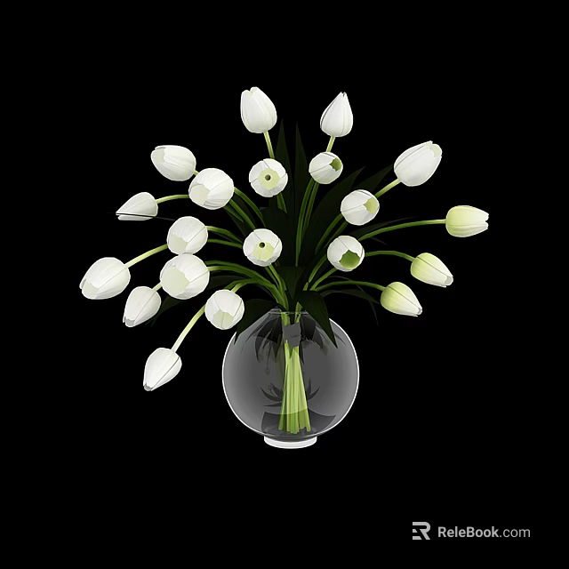 White Tulips Arrangement In Clear Glass Vase On Black Background 3d model 