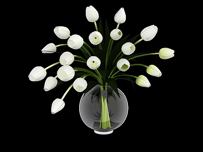 White Tulips Arrangement In Clear Glass Vase On Black Background 3d model