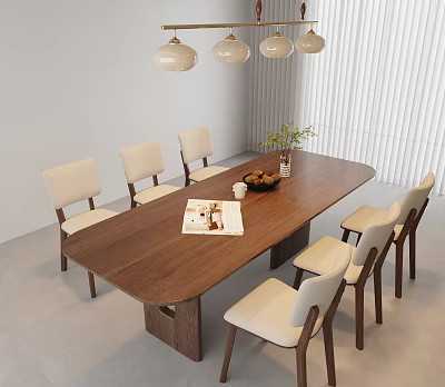 Modern Wooden Dining Table And Chairs With White Seats Pendant Lights In Dining Area 3d model