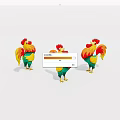 Three Colorful Cartoon Style Roosters With Bright Red Combs And Feathers