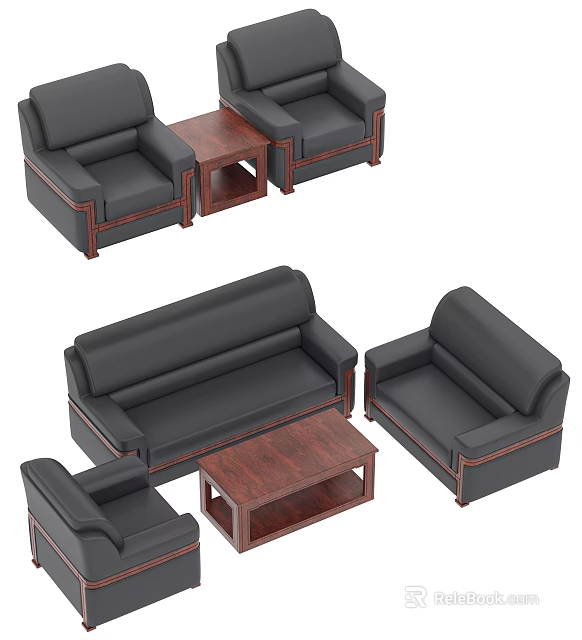 Modern Black Leather Sofa Set With Rectangular Dark Wooden Coffee Table For Living Room 3d model