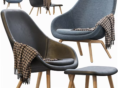 Stylish Gray Leather Accent Chair With Plaid Blanket Wooden Legs And Stool 3d model