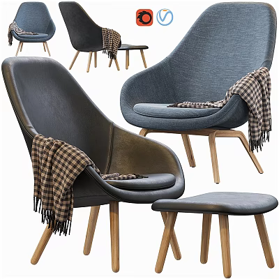 Stylish Gray Leather Accent Chair With Plaid Blanket Wooden Legs And Stool 3d model