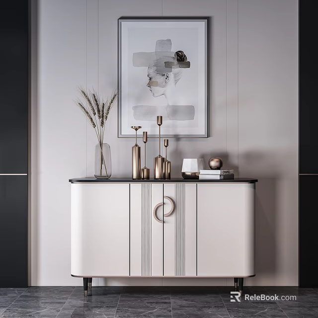 Modern White Entryway Console Table with Wheat Vase Metallic Decor Books and Wall Art 3d model 