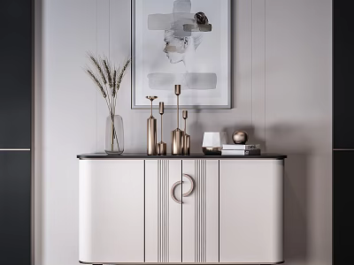 Modern White Entryway Console Table with Wheat Vase Metallic Decor Books and Wall Art 3d model