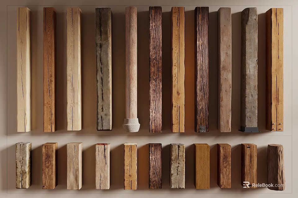Various Types of Wooden Columns Featuring Different Wood Grains and Natural Tones 3d model 