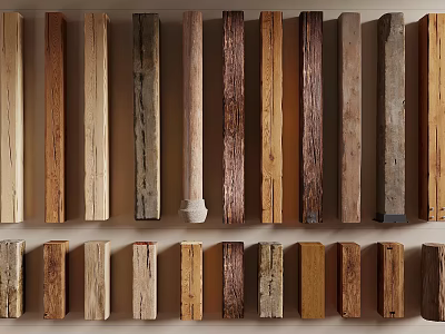 Various Types of Wooden Columns Featuring Different Wood Grains and Natural Tones 3d model