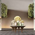 Stylish Console Table With Yellow And White Flower Bouquets And Green Plant Walls 3d model