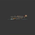 Wooden Boat at Wooden Dock with Cargo Crates and Life Rings on Blue Water