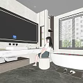 Modern Bathroom Interior with Double Vanity Large Mirror Freestanding Bathtub and Window Blinds