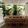 Garden Landscape Featuring Glass Canopy Wooden Lattice Lush Plants White Paved Floor And Seating Area