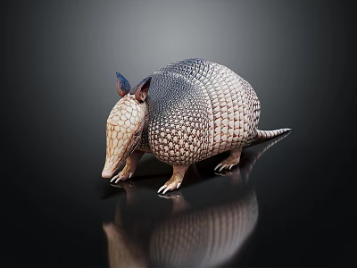 Reptile Armadillo With Scaly Body In Brown And White Standing On Black Background With Reflection 3d model