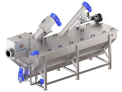 Industrial Processing Equipment Featuring Stainless Steel Structure Screw Conveyor Blue Valves And Control Panel 3d model