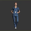 Woman In Blue Medical Scrubs With Lanyard ID Badge Standing Against Dark Background