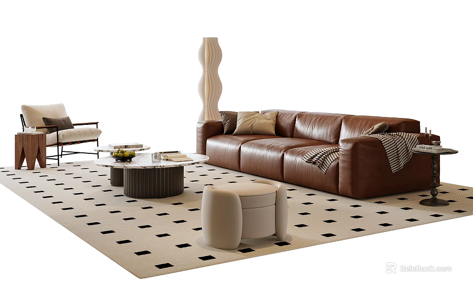 Modern Brown Leather Sofa and Round Coffee Table Set with Cushions Throw Blanket and Patterned Rug 3d model