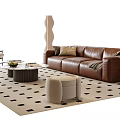 Modern Brown Leather Sofa and Round Coffee Table Set with Cushions Throw Blanket and Patterned Rug 3d model