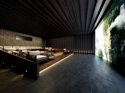 Modern Home Theater Interior With Dark Wooden Ceiling Large Natural View Screen And Cozy Seating 3d model