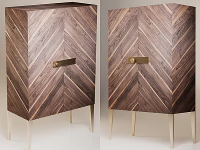 Elegant Modern Entryway Console Cabinet With Herringbone Wooden Design Brass Handle And Golden Metal Legs 3d model
