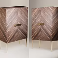 Elegant Modern Entryway Console Cabinet With Herringbone Wooden Design Brass Handle And Golden Metal Legs