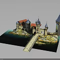 Medieval Castle Architecture with Red Roofs Towers Bridge and Surrounding Water