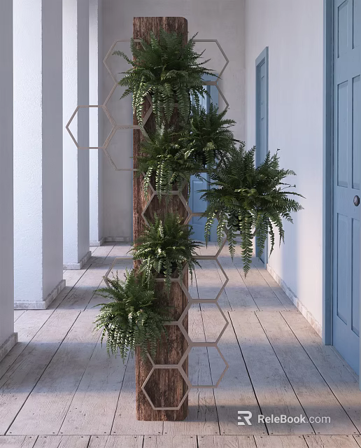 Lush Fern Potted Plants On Hexagonal Stand In Corridor With White Columns Blue Door 3d model 